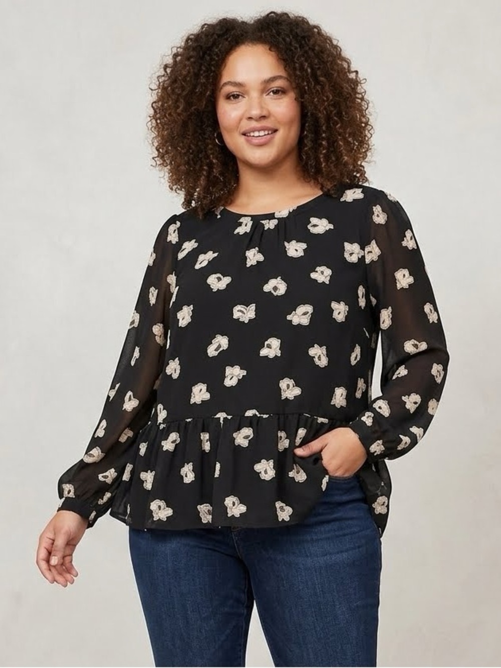 LOFT Lightweight Black Floral Peplum Blouse with Cream Print Size LP